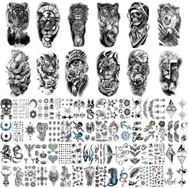 76 Sheets Large Black Temporary Tattoo Stickers - Tribal Wolves, Tigers, Lions, Snakes, Skulls, 12 Fake Tattoo Stickers for Men & Women Arm Designs - Specification: TATTOO76-1