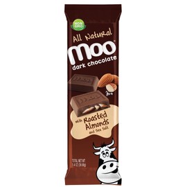 Moo Chocolates All Natural Dark Chocolate Large Bars with Roasted Almond & Sea Salt 1.4 oz, 14 ct (Pack of 1) | 100 Calorie Snacks for On-the-Go, Lunchboxes, Office