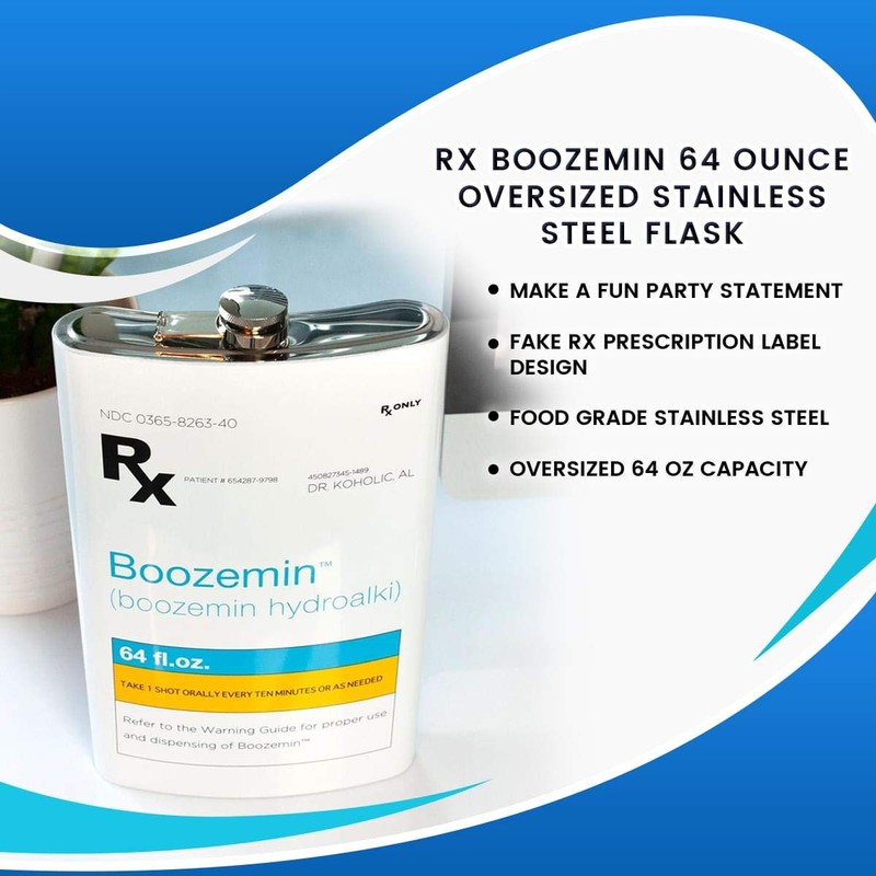 RX Boozemin 64 Oz Large Oversize Stainless Steel Novelty Liquor