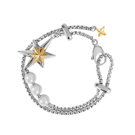 Pearl Charm Bracelets for Women & Men, Silver Jewelry Charm Bracelet with Link Double Strand , Bracelet Stack with Adjustable Link Chain and Star, Birthday Anniversary Christmas Jewelry Gifts for Wife