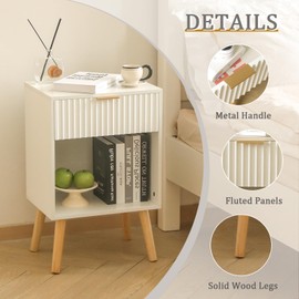 Fultyle White Nightstand, Modern Bedside Table with Drawer and Opening Storage, Fluted End Side Table Living Room with Solid Wood Legs for Bedroom (White)