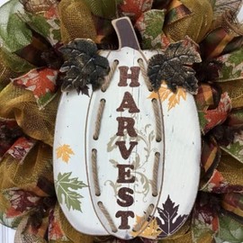 White Wood Pumpkin Harvest Deco Mesh Handmade Wreath With Rope And Metal Autumn Leaves