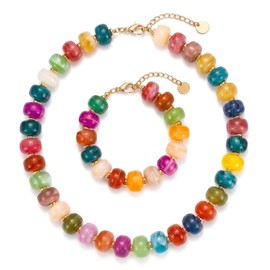 Gmai Chunky Bead Necklace and Bracelet Set for Women Boho Big Bead Statement Necklace Adjustable Fashion Trendy Summer Necklaces Jewelry Gift Set (Color 2pcs set)