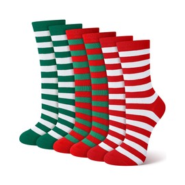 Eurzom 6 Pairs Christmas Women's Striped Socks Holiday Novelty Crew Socks Bulk Holiday Gift for Xmas Women Men Elf Costume(Red White, Green White, Red and Green)