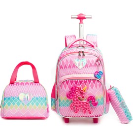Egchescebo Kids Rolling Unicorn Backpack for Girls Luggage Suitcase With Wheels Trolley Wheeled POP Roller Backpacks for Elementary Travel School Bags 17" 3PCS Toy Backpack With Lunch Box Rose