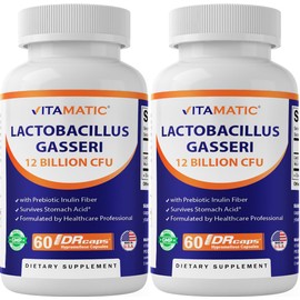 Vitamatic Lactobacillus Gasseri - 12 Billion per DR Capsule - 60 Count - Digestive Support - Made with Prebiotic Inulin Fiber- 2 Pack