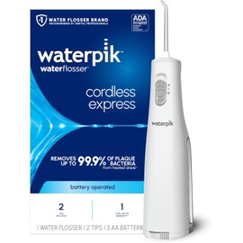 Waterpik - Limpiador de agua inalámbrico, funciona con pilas y portátil para viajes y hogar, Cordless Express aceptado por la ADA, blanco WF-02