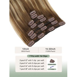 Bellecho Clip in Hair Extensions Real Human Hair, Straight Real Remy Human Hair Extensions Clip ins, Balayage Chocolate Brown to Caramel Blonde Clip in Extensions for Women, 16inch 120g 7Pcs, T4/4/27#