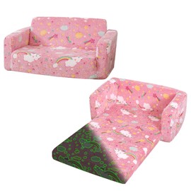 Dormlony Foldable Kids Sofa Extra Wide for 2 Seats, Soft Kids Fold Out Couch Glow in The Dark,Convertible Sofa to Lounger Toddler Sofa Chair(Rainbow)