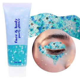 Prreal Body Glitter Gel 50 ml, Face Glitters Body Gel Sequins Shimmer Liquid Eyeshadow, Chunky Glitter for Face Hair Nails, Holographic Cosmetic Laser Powder Festival Glitter Makeup #Lake Blue
