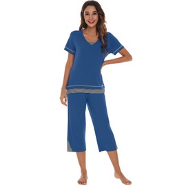 WiWi Pajamas Set for Women Summer Sleepwear Soft Tops Capri Pants Pjs Lounge Pajama Sets Viscose from Bamboo S-XXL, Prussian Blue, X-Large