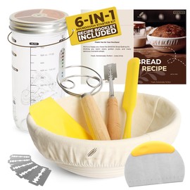 BAKERIA Sourdough Bread Kit – 9" Banneton, Glass Starter Jar, Danish Whisk, Bread Lame + Blades, Scrapers & Recipe Book | Complete Baking Set (No Starter Culture Included)