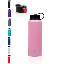 Day 1 Fitness Botella de agua de acero inoxidable con boca ancha con 2 tapas (20 oz, 32 oz, o 40 oz) – 3 tamaños y 8 opciones de color – Aislado al aspiradora, doble pared, a prueba de sudor, Rosado, 40 oz.