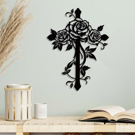 Kercan Metal Cross Wall Decor with Roses, Black Floral Wall Art, Christian Religious Home Decor for Living Room Bedroom, 12.5 x 9.4 Inch