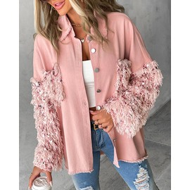 CHICME BEST SHOPPING DEALS Chic Me Womens Casual Jacket Contrast Sequin Tassel Design Fuzzy Patchwork Shacket Fall Outfit Pink-S
