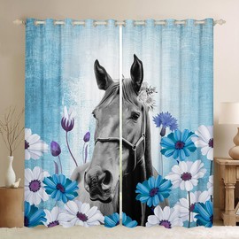 Feelyou - Cortina de caballo para recámara para amantes de los caballos (2 paneles, 38 x 45 pulgadas), cortina oscurecedora floral de margaritas de campo (30 % a 50 %), cortina de oscurecimiento de