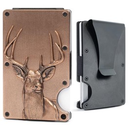 Itera-Men's Wallet with Deer Design - RFID-Blocking Slim Metal Wallet with Money Clip, Minimalist Front Pocket Card Holder in Antique Copper or Silver - Father's Day Gifts for Deer Hunters - Color: Copper