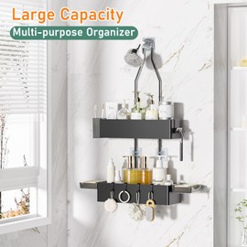 Amawarm Shower Caddy Hanging, Rustproof Shower Shelves Over Shower Head - No Drilling Inside Bath, Extended Length Shower Organizer with Soap Holder; Toothbrush Holder, Black