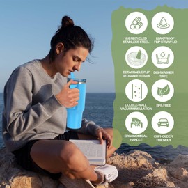 Sursip 40 oz Tumbler with Handle and Flip Straw, 100% Leakproof Lid Insulated Cup Stainless Steel Water Bottle for Cold Drinks Travel Mug, BPA-Free, Dishwasher Safe
