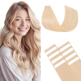 TESS Tape In Hair Extensions Human Hair Real Hair Invisible Thin Type 10 Pcs 15G Lightweight For Highlight Straight Long - #60 Platinum Blonde - 20 Inch