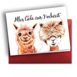 Funny Wedding Card Alpacas Congratulations on Marriage and Wedding Folding Card with Red Envelope