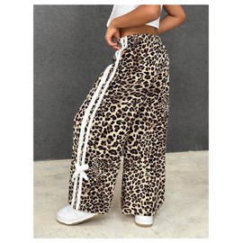 BEAUDRM Girl's Baggy Pants Bow Parachute Pants Striped Wide Leg Sweatpants Track Joggers Hip Hop Dance Multi Leopard 4Y