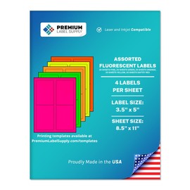 Premium Label Supply Bright Neon Color Fluorescent Sticker Labels - 3.5" x 5" Labels - (Assorted Fluorescent, 400 Labels)