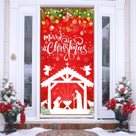 Avezano Christmas Nativity Door Cover Decorations Red Religious Merry Christmas Banner Jesus Christmas Decorations for Winter Xmas Party Indoor Outdoor