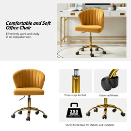 HULALA HOME Home Office Desk Chair with Gold Wheels, Small Cute Vanity Chair with Back for Bedroom, Adjustable Rolling Task Work Swivel Chair Nail Chair for Women/Girls, Mustard