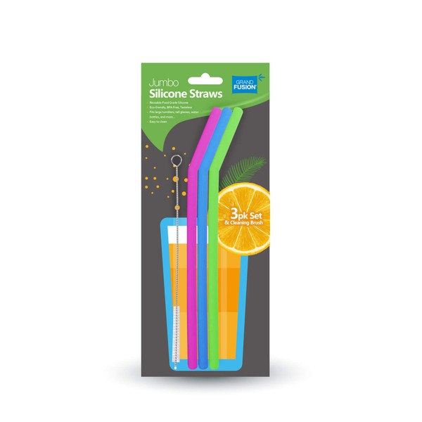 RE-USABLE SILICONE DRINKING STRAW - 3 PACK WITH CLEANING BRUSH (assorted pink, blue, and green colors)