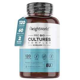 WeightWorld Bio Cultures Complex Probiotics & Prebiotics - 60 Billion CFU - 2 Months Supply - 120 Vegan Probiotic Complex Capsules for Adults - 20 Gut-Friendly Bacterial Cultures Like Lactobacillus Acidophilus