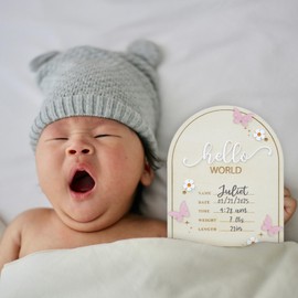 Baby Announcement Sign 6.5 Inch Wooden Hello World Newborn Welcome Sign Birth Baby Name Plaques for Photo Props Baby Shower Hospital Nursery (Flower)