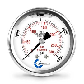 CARBO Instruments 2 1-2" Pressure Gauge, All Stainless Steel Wetted Parts, Case, Connection, Liquid Filled, 0-4000 psi/kPa, Back Mount 1/4" NPT