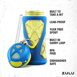 ZULU Torque Kids Botella de agua de plástico Tritan con funda de silicona y tapa de bloqueo a prueba de fugas, sin BPA, apta para lavaplatos, azul,...
