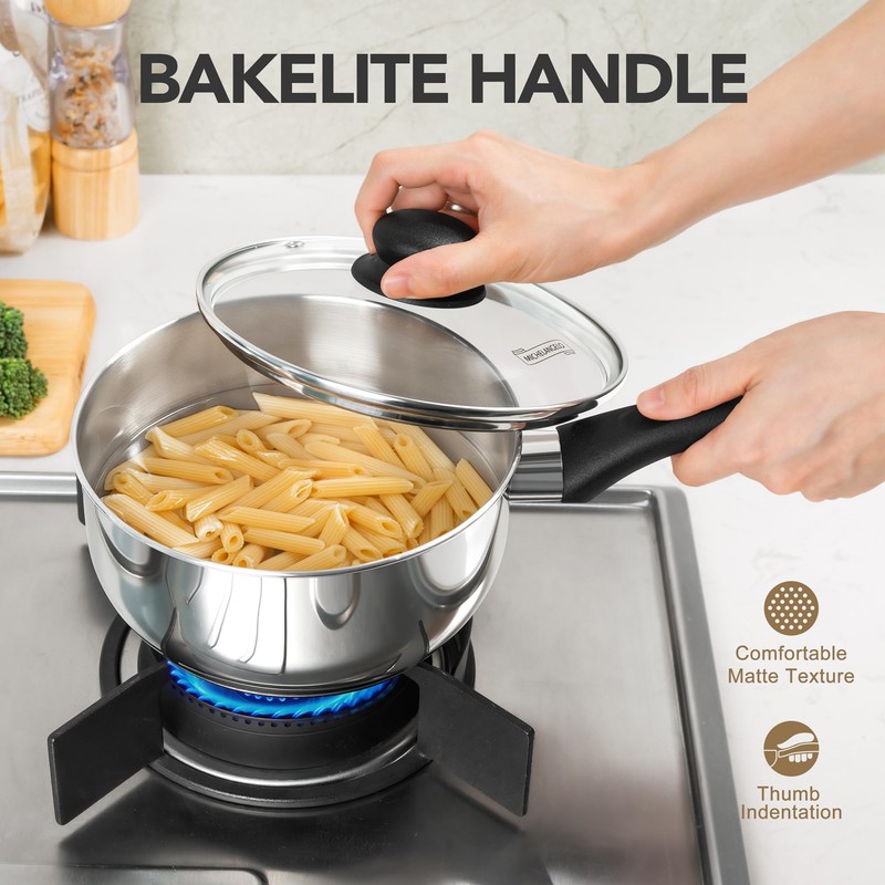 MICHELANGELO Stainless Steel Saucepan with Lid 6pcs, Triply Base Stainless