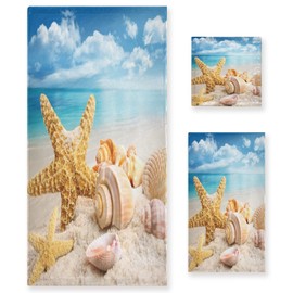 ALAZA Towel Bathroom Sets, Starfish and Seashells On The Beach Towels 3-Piece 1 Bath Towel 1 Washcloth 1 Hand Towel, Bath Towel Set of 3 Soft Multifuntion for Home Kitchen Hotel Gym Swim Spa