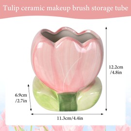 Disnace Ceramic Makeup Brush Holder, Brush Tray Flower Tulip, Ceramic Tulip Pen Holder, Makeup Brush Organiser, Cute Desk Organiser for Office, School, Home (Pink)