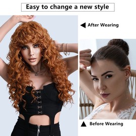 7JHH WIGS Long Kinky Curly Wigs with Bangs,24in Ginger Orange Deep Wave Synthetic Pelucas afro half wig for Black Women