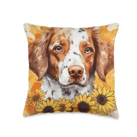 Brittany Dog Dog Watercolor Sunflower Throw Pillow