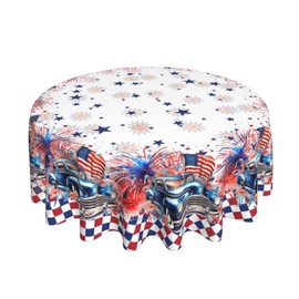 Memorial Day 4th of July Tablecloth Round 70 inch Patriotic American Flag Truck Star Table Cover Independence Day Tablecloths Decorative for Holiday Party Dining Room Kitchen Indoor Outdoor Home Decor