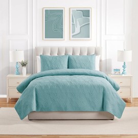 VCNY Home - King Quilt Set, Pinsonic Bedding with Matching Pillow Shams, Dorm Room Essentials, Super Soft Home Decor (Ocean Seafoam, 3-Piece)