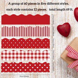 Whaline 69 Feet Valentine's Day Bulletin Board Borders 5 Styles 60 Pieces Rolled Border Scalloped Border Heart Plaid Spot Stripe Red Bulletin Board Stickers for Decoration Party Home Office