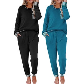 Ekouaer 2 Pack Womens Pajama Sets Long Sleeve Lounge Sets Soft Pj Sleepwear Loungewear Black & Blue X-Large