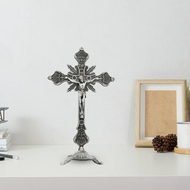 Sharplace Standing Crucifix Table Cross Metal Small 10" Jesus on The Cross Statue Crucifix with Stand Jesus Crucifix for Chapel Desktop Shelf Ornament, Antique Pewter