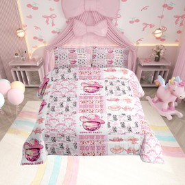 Cowgirl Boots Kids Comforter Set Twin Size,Bowknot Cowboy Hats Disco Ball Princess Bedding Set,Girls Women Room Decor,Geometric Grids Cow Fur Print Down Comforter,Pink Duvet Insert,1 Pillowcase