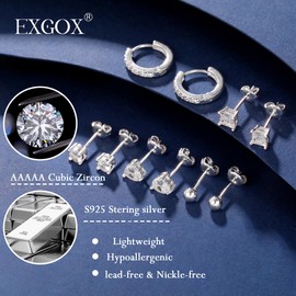 EXGOX EXGOX Sterling Silver Stud Earrings,925 Silver Earrings for Women Girls Hypoallergenic Silver Hoop Earrings Dainty Ball Heart Stud Earrings Shiny Cubic Zirconia Diamond Stud Earrings Set(5 Pairs)