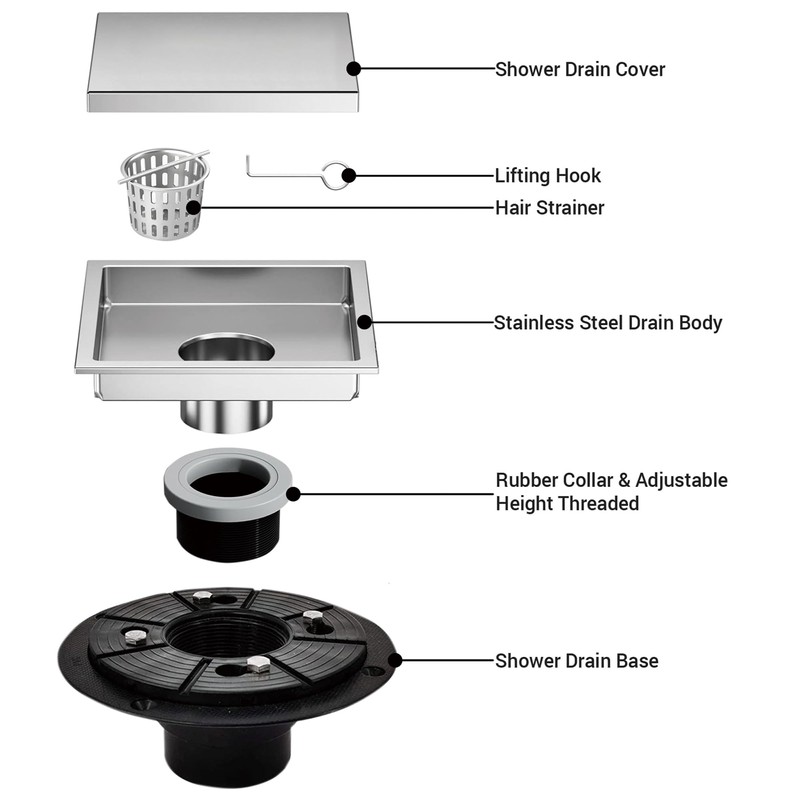 6 Inch Square Shower Floor Drain, Shower Drain Kit with