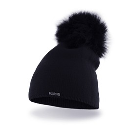PaMaMi Winter Ladies Hat Warm Winter Hat with Artificial Fur Pom - Slouch Beanie Ladies - Pom Hat for Ladies - Fleece Lined Ladies Hat - black