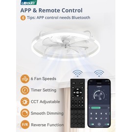 LEDIARY Ceiling Fans with Lights and Remote, 24'' Low Profile Ceiling Fan with Light, 3000-6000K Dimmable Fandelier LED Fan Light, 6 Wind Speeds, White Modern Flush Mount Ceiling Fan for Bedroom