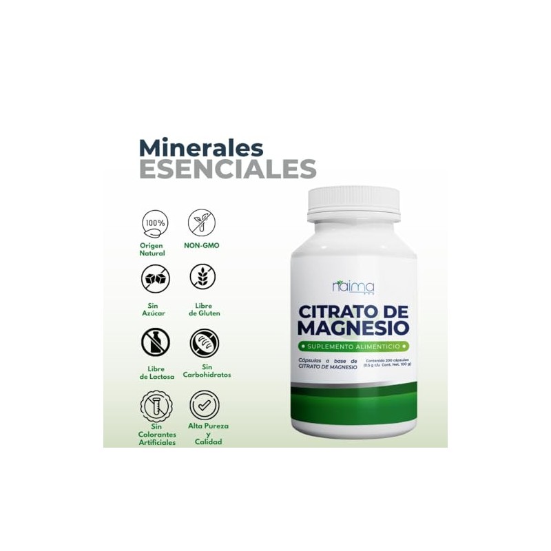 NAIMA Citrato de Magnesio 200 Cápsulas | Suplemento Alimenticio |